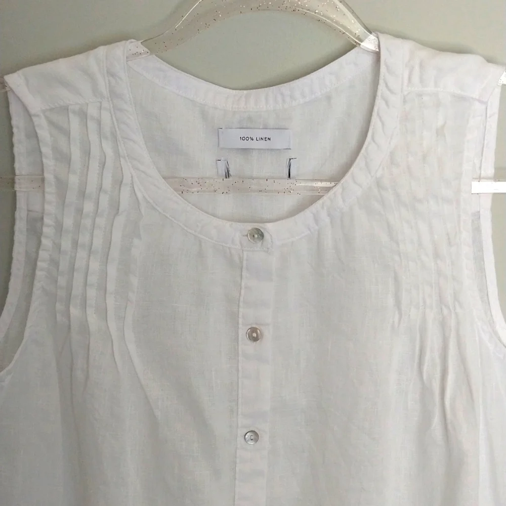 White 100% Linen Button-Front Sleeveless Top - Picture 3 of 9